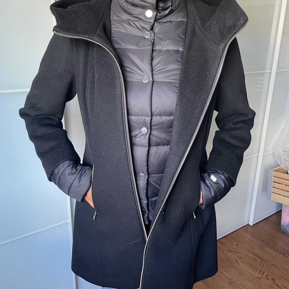 Soia&Kio Rooney mix media coat with puffy bib, slim fit, large hood, above knee